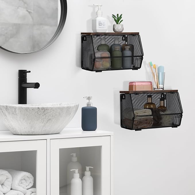 Teenyyou 2 Pcs Stackable Mesh Fruit Basket with Lid Wall Produce Vegetable Storage Basket Onion Potato Hanging Metal Wire Container for Kitchen Counter Pantry(Non-removable,Black,8.3" w & 13.8" l)