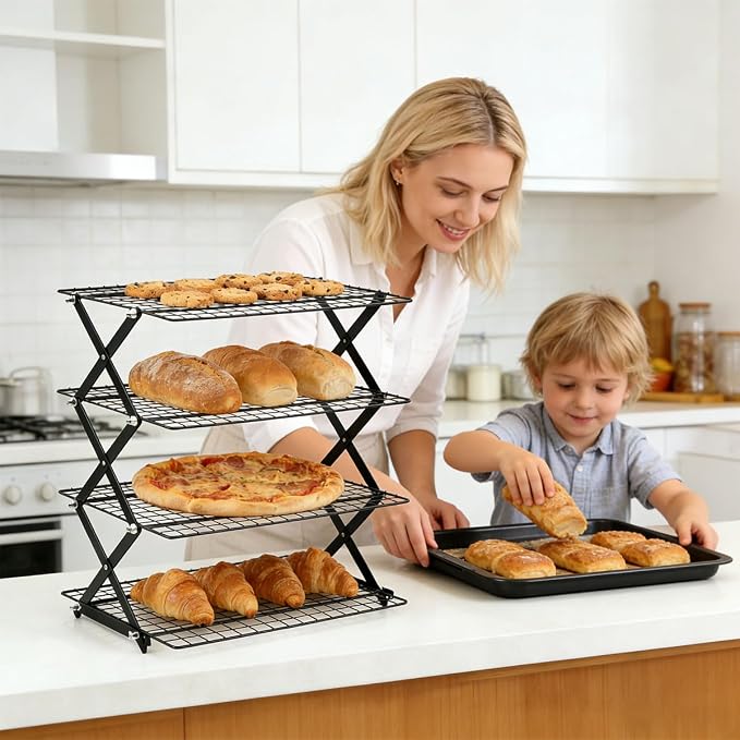 4 Tier Collapsible Cooling Rack with 3 Setting Design Adjustable ＆ Stackable Baking Rack, X-Shaped Structure Cooling Rack for Cooking and Baking, Cookies, Bread, Baking Must Haves