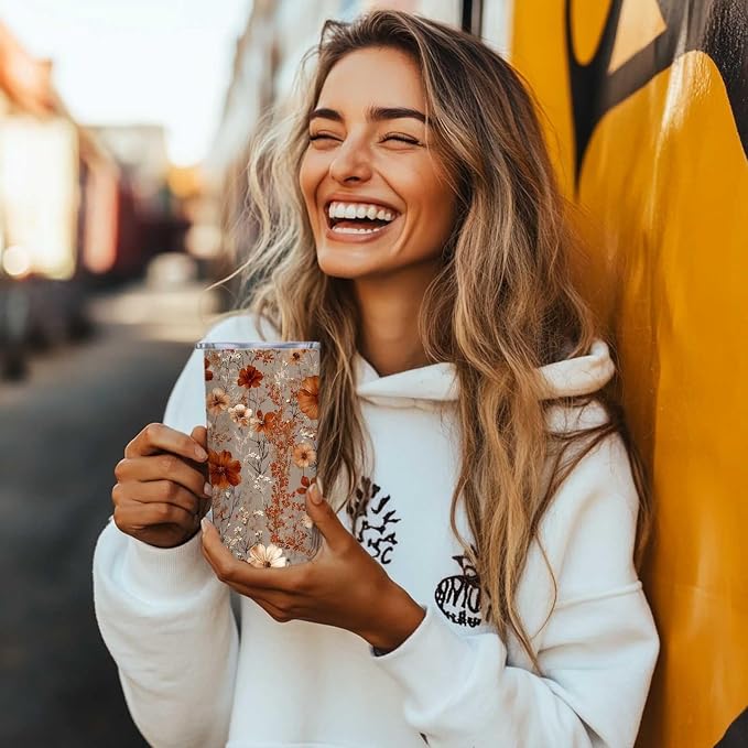 Retro Floral Tumbler 20 oz Stainless Steel Insulated Travel Mug with Lid and Straw, Vintage Flower Coffee Tumbler Cup for Hot Cold Drinks, Botanical Floral Gifts for Women