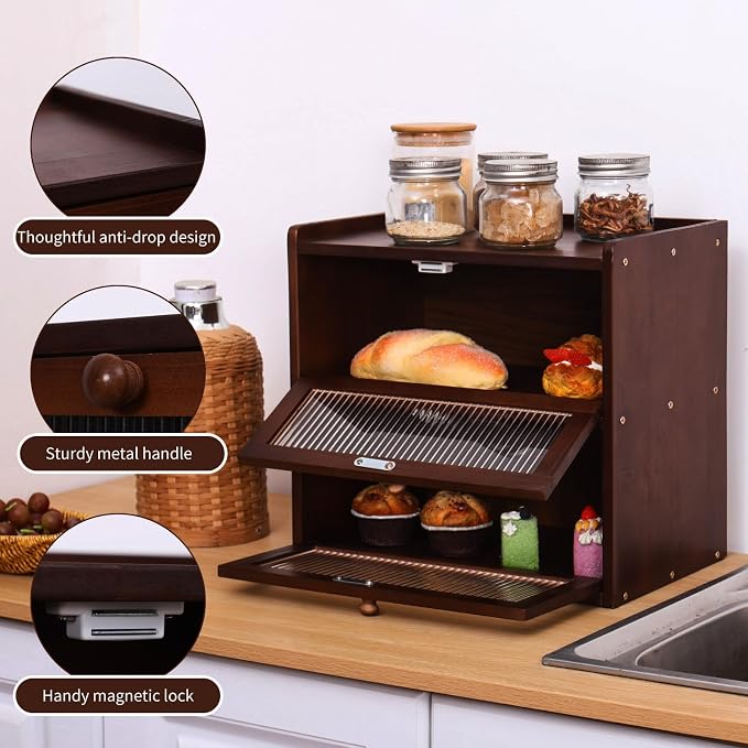 Double 2 Layer Large Bread Box for Kitchen Counter, Wooden Bread Storage Container Organizer Holder with Acrylic Window (brown)