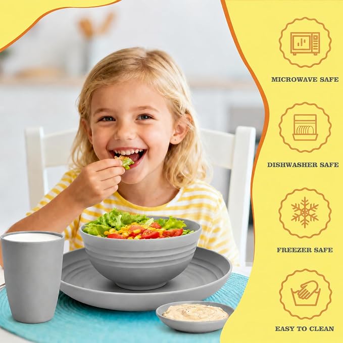 Kids Wheat Straw Dinnerware Sets for 4, 16 Piece Unbreakable Dinnerware Set, Kids Plates and Bowls Sets, Kitchen Plates and Bowls Set, Lightweight Dish Set for Party, Camping，RV - Grey