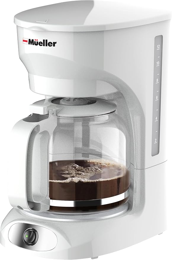 MUELLER HOME 12-Cup White Coffee Maker | Borosilicate Carafe, Auto-Off, Reusable Filter, Anti-Drip, Keep-Warm Function