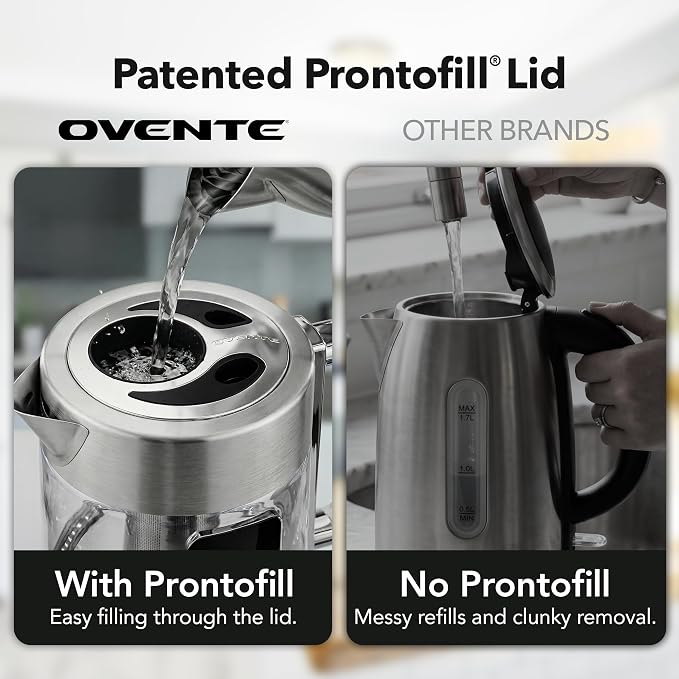 OVENTE 1.7L Glass Electric Kettle with Tea Infuser, Silver KGD913S | 1500W Fast Boiling, Easy Fill Lid, 4 Temperature Control, Double-Wall Cool-Touch Design, Color-Changing LED, Keep Warm