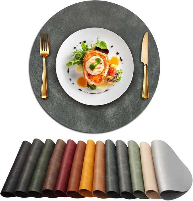 UnivoColors Placemats Round Faux Leather Placemats Set of 4-Waterproof-Wipe Clean-Heat Resistant-Anti Slip Dining Table Place Mats,Suitable for Indoor & Outdoor Use,15".Retro Blue Grey