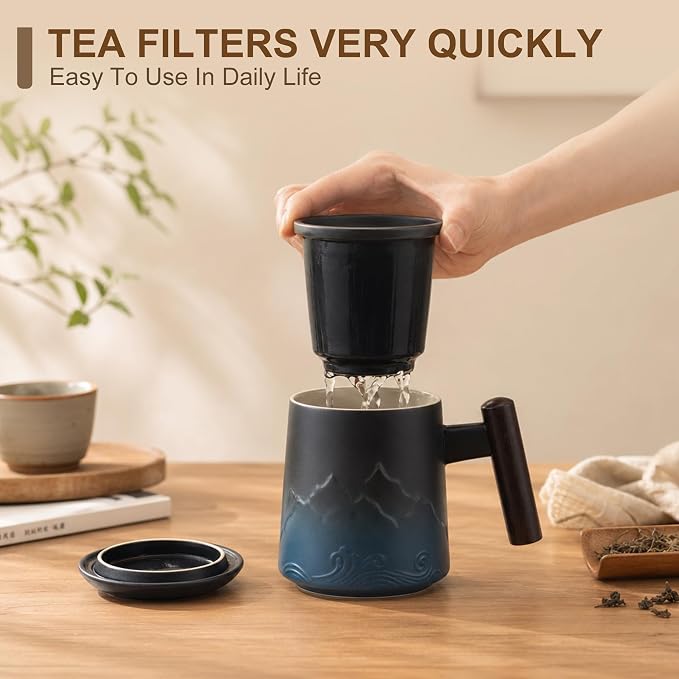 Tea Cup with Infuser and Lid, 14oz Ceramic Loose Leaf Tea Steeper Cup with Wood Handle and Cup Lid, Blue, Black | 14oz Ceramic Tea Mug with Lid, Loose Leaf Tea Steeper Cup with Wood Handle for Tea Lovers Gifts