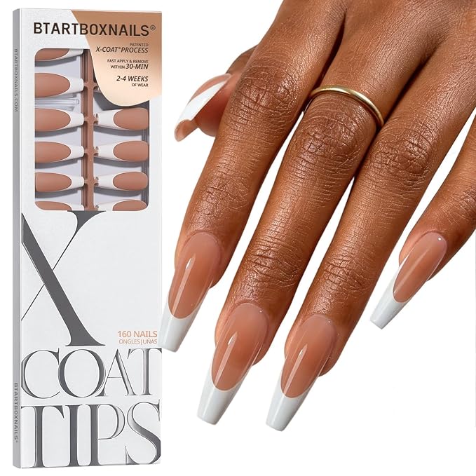 BTArtboxnails XCOATTIPS White French Tip Press On Nails, XL Coffin, Brown | Lamp-Curable, 4-Week Wear, Natural Nail Look, Salon Quality Value at Home, Easy-to-Apply for Beginners, 160ct Nail Tips Only