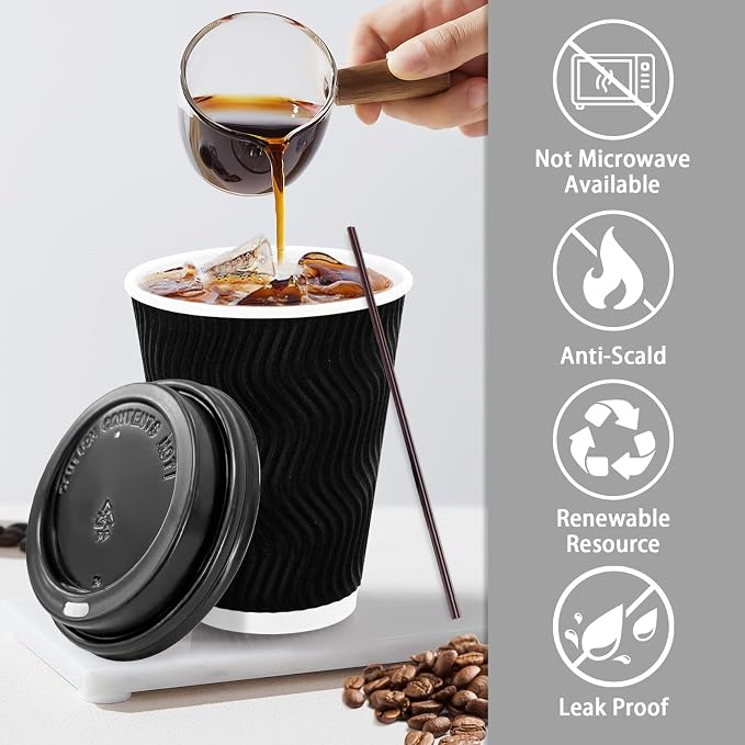 Lamosi 50 Pack 12 oz Disposable Coffee Cups with Lids and Straw, Black | Insulated Corrugated Ripple Wall Hot Cups with Lids for Hot Drink, Office, Coffee Bars, Meetings, and Short To-Go Use