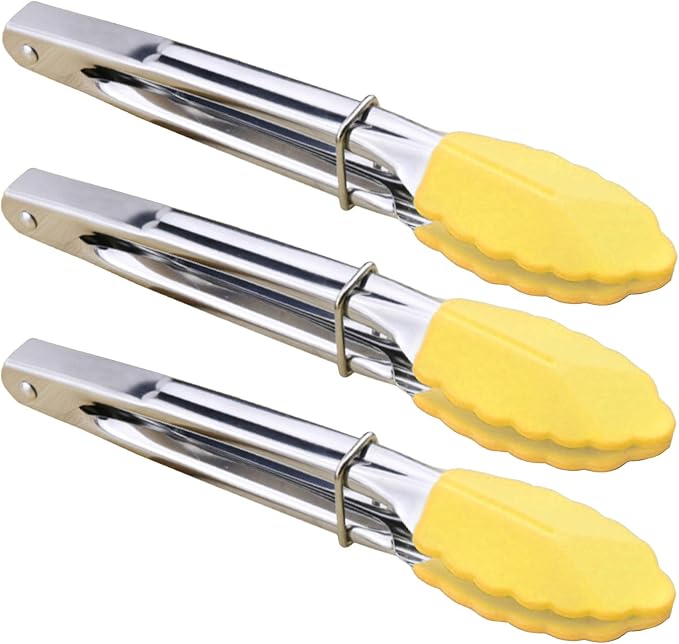 HINMAY 7-Inch Mini Tongs with Silicone Tips, Set of 3 (Yellow) | 7-Inch Small Serving Tongs