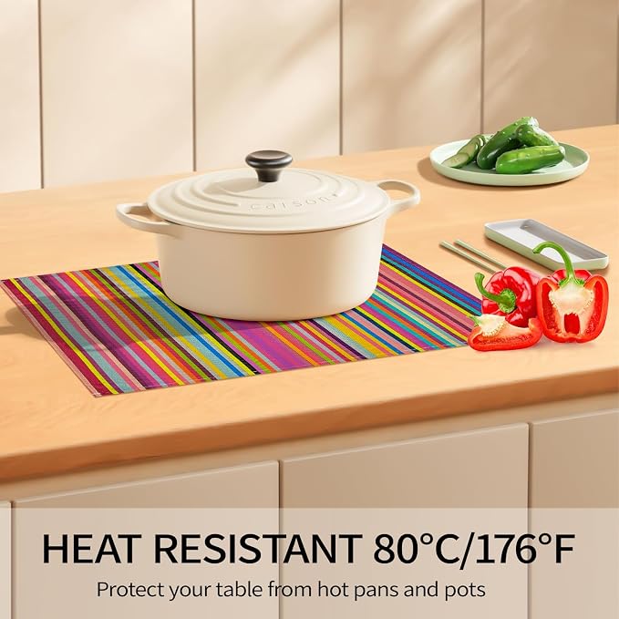 Rainbow Placemats Set of 4, 12x18 Inch Faux Linen Table Mats | Heat Resistant and Washable Design, Easy to Clean Surface for Dining Rooms, Kitchens, Outdoor Parties and Everyday Home Decor