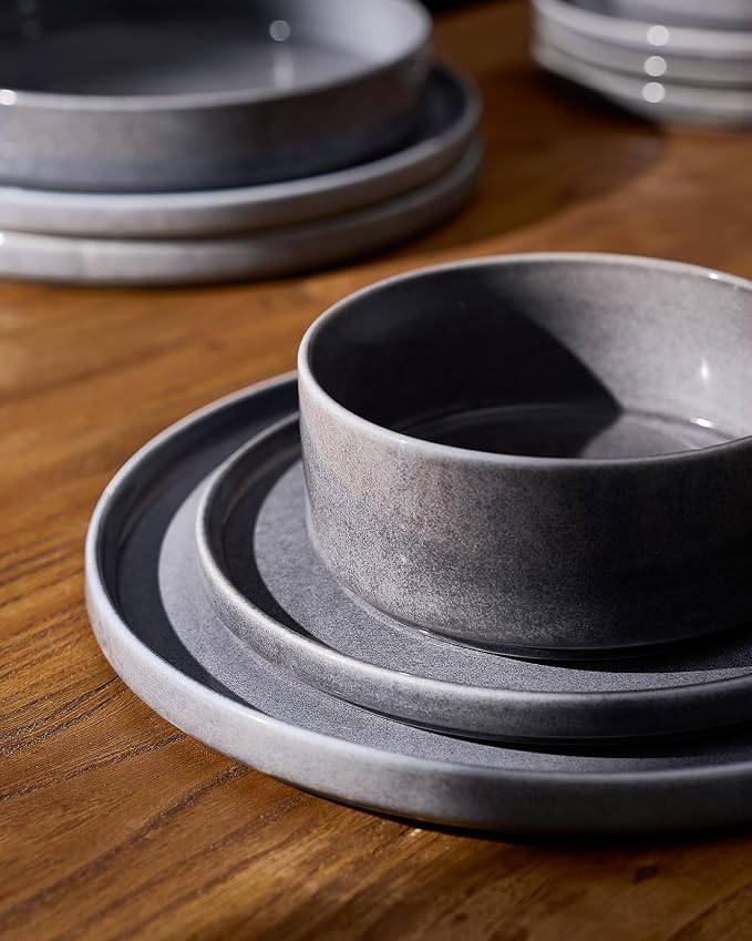 Famiware Annecy 16-Piece Stoneware Plates and Bowls, Misty Blue | Reactive Glaze Dinnerware Set with Pasta Bowls, Service for 4 - Chip & Scratch Resistant, Microwave & Dishwasher Safe