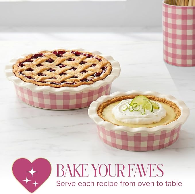 Paris Hilton Ceramic Pie Dish Set, 7-Inch and 9-Inch Stoneware Baking Dishes with Fluted Rim and Gingham Design, Oven Safe up to 450°F, 2-Piece, Pink