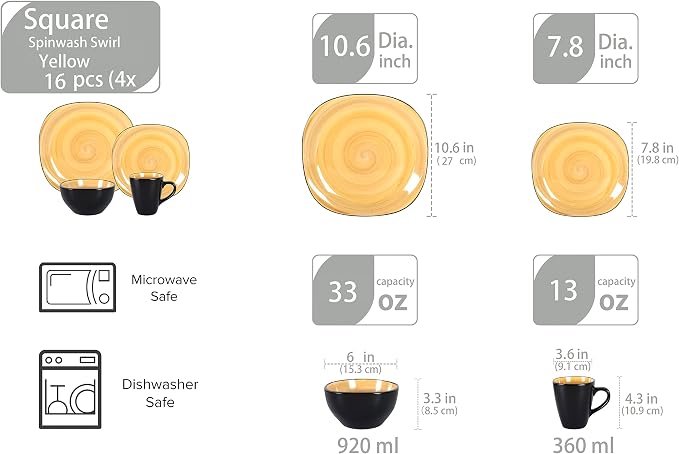 HomeVss, Stoneware Square 16pc Dinnerware Set, Inside Spinwash Swirl Yellow + Outside Black
