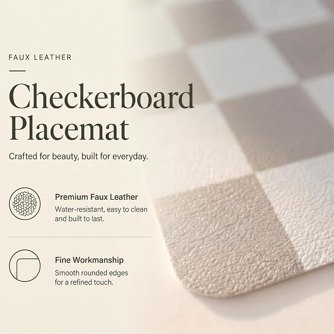 Set of 6 Checkerboard Non-Slip Washable Placemats for Dining Table | Waterproof & Heat-Resistant Faux Leather Mats | Easy Wipe Clean Tablemats for Indoor Dining, 17’’×12’’, Sage Green