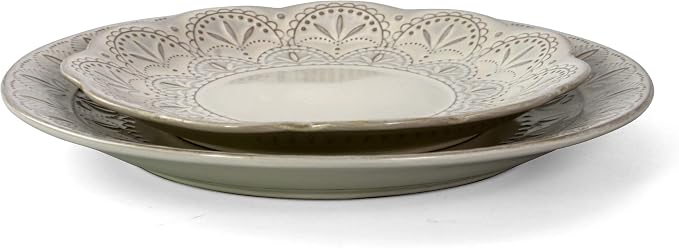 Elama White Lace 16 Piece Round Scallop Stoneware Dinnerware Set in White