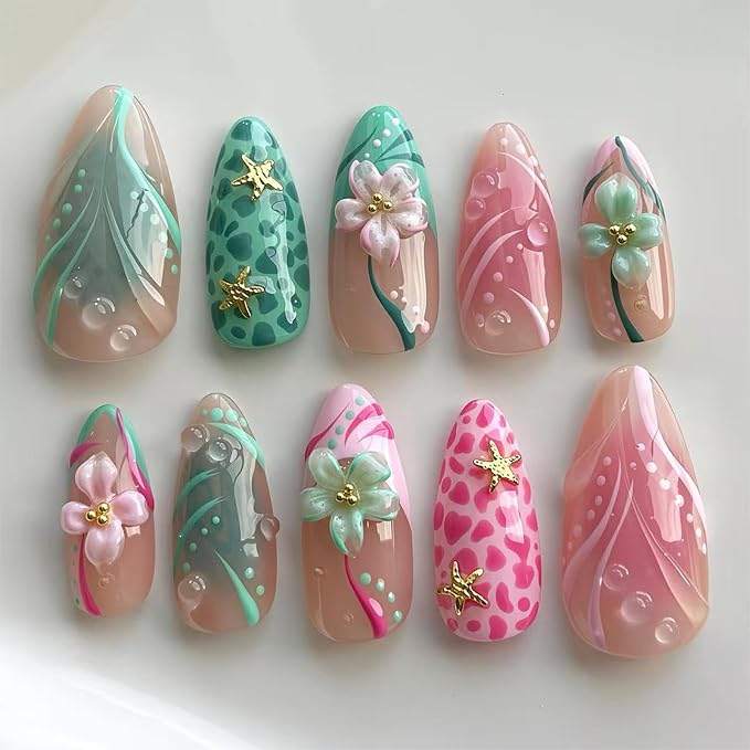 30Pcs Medium Press On Nails Almond Shape Pink Green Tropical Summer Fake Nails with Gold Starfish Pearl Design Beach False Nails 3D Floral Glue on Nails Reusable Acrylic Nails Press Ons for Women