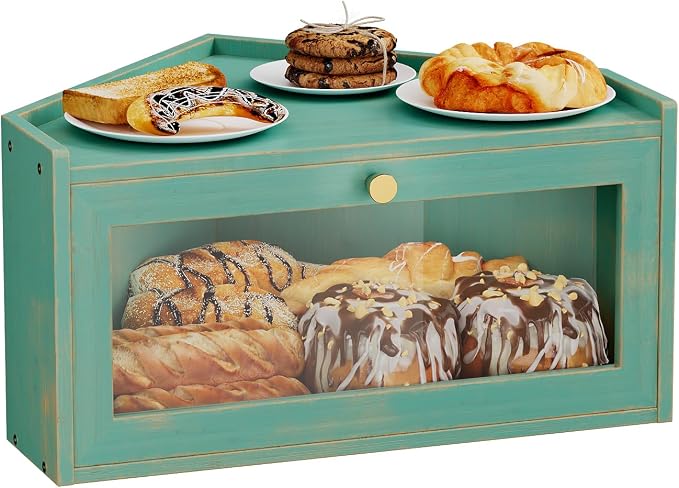 Trironsun Corner Bamboo Bread Box for Kitchen Counter Large Rustic Bread Storage Container with Acrylic Door Space-Saving Vintage Bread Keeper for Homemade Bread (Antique Blue)
