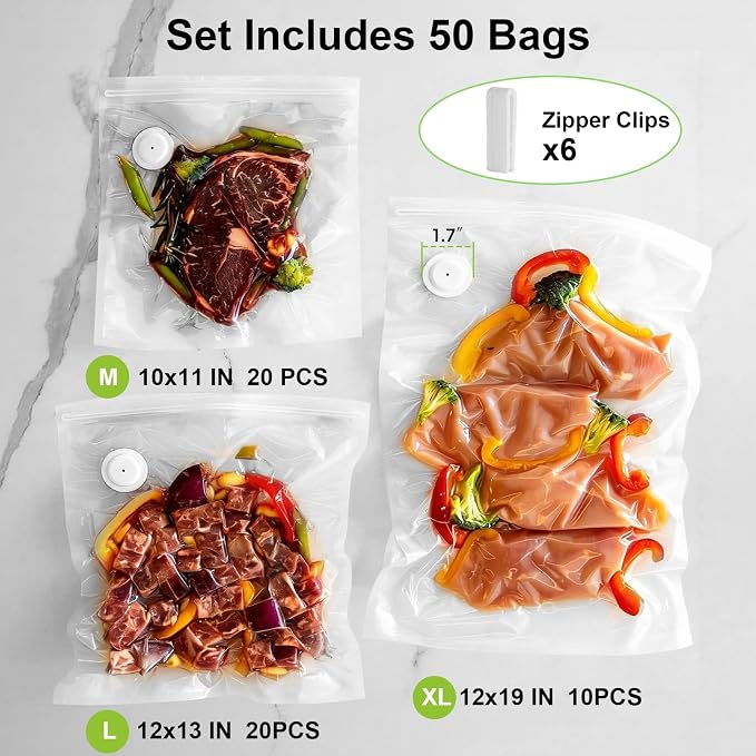 URPOWER Reusable Vacuum Sealer Bags for Food Storage, 50 PCS with 6 Clips | 12x19”(XL, 10PCS) 12x13”(L, 20PCS) 10x11”(M, 20 PCS) Multi-Size Vacuum Seal Bags for Sous Vide, Freezer and Microwave Use