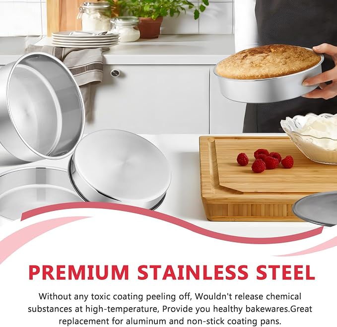 P&P CHEF 8 Inch Cake Pan Set of 4, Stainless Steel Round Cake Pans Tins | Baking Round Cake Bakeware for Birthday Wedding, Leak-proof & Mirror Finish & Easy Releasing, Dishwasher Safe