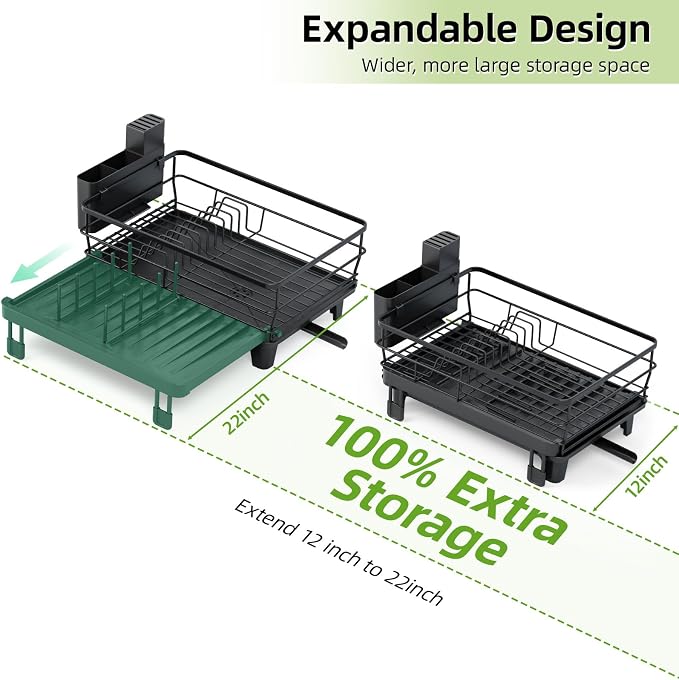 TOOLF Expandable Dish Drying Rack for Kitchen Counter, Black | Extendable 12"-22"W, Fast Draining, Large Capacity, Fits Large Plates, Utensil Holder, 3-4 People Family