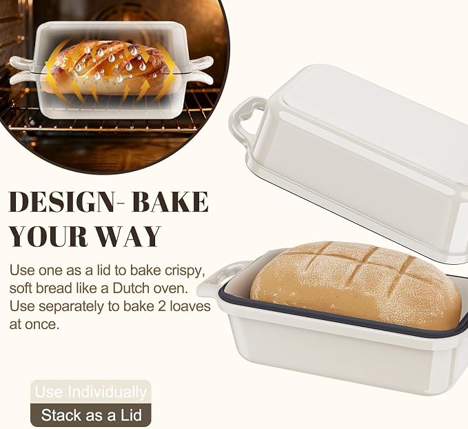 Enameled Cast Iron Sourdough Bread Dutch Oven, Cast Iron Loaf Bread Pan for Homemade Bread Baking, 2PCS 8.5 x 4.5 Inch Meatloaf Pan with Lid, Oven Safe, Cream
