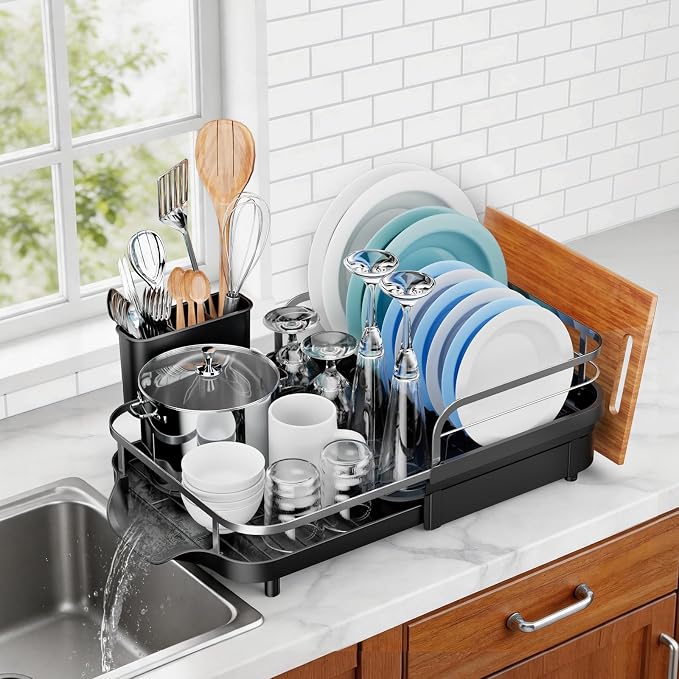 Expandable Stainless Steel Single Tier Dish Drying Rack, Auto Drain Dish Drainer for Kitchen Counter with Rotatable Multi-Slot, Drainboard, Utensil & Cutting Board Holder, 15"-22.4" Adjustable Length
