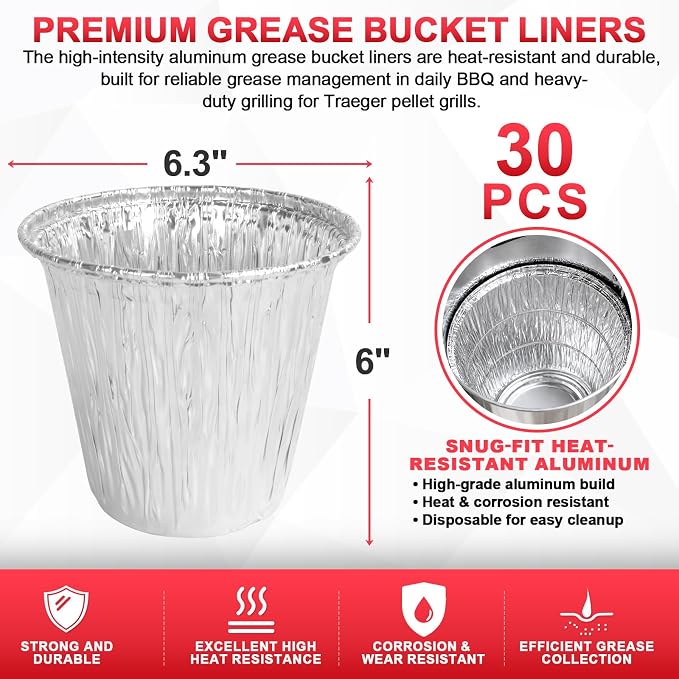 BAC608 Grease Bucket Liner for Traeger Timberline/Ironwood/Flatrock Grills | Fits Traeger timberline/timberline XL, lronwood/lronwood XL accessories, heat-resistant aluminum foil drip tray liner 30 pack