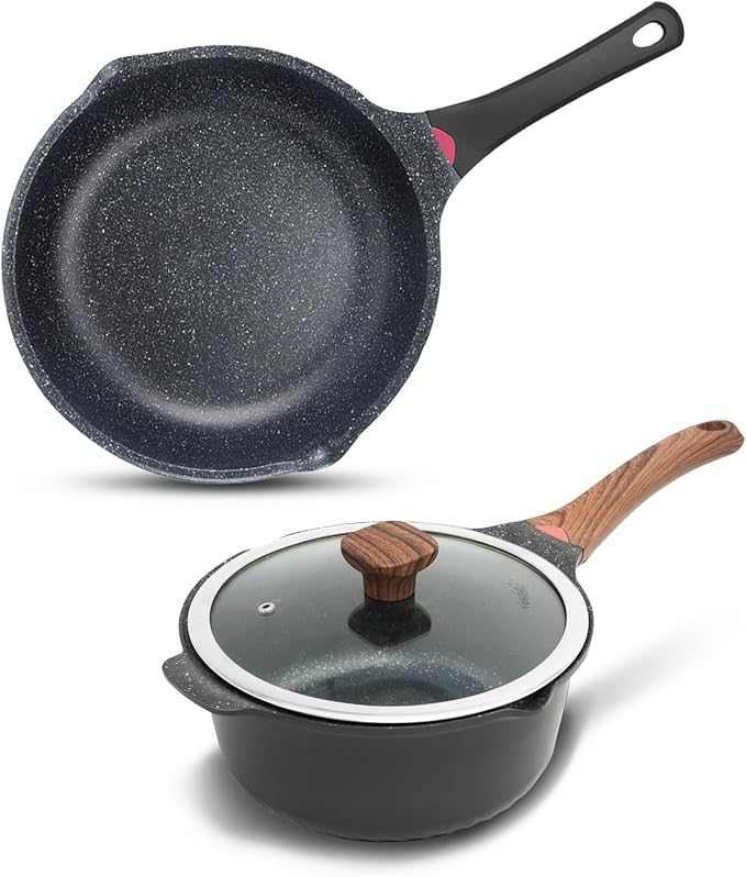 Vinchef 4QT Sauce Pan & 12.5IN Skillet Set with Lids, Nonstick,Black | Scratch-resistant PFAS-free nonstick, dishwasher-safe, induction-ready, stay-cool handles