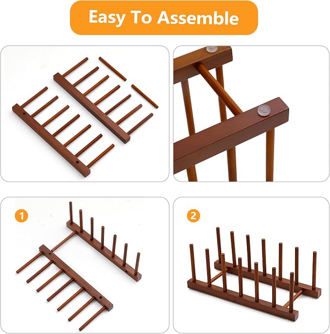 HBlife 2 Packs Teak Wooden Dish Drying Rack Kitchen Plate Organizer Holder | 6 Slots, Vertical Dish Racks for Cabinet Countertop & Wall, Plate Pot Lid Cutting Board Holder, Bowl Cup Drainer, Keep Dry