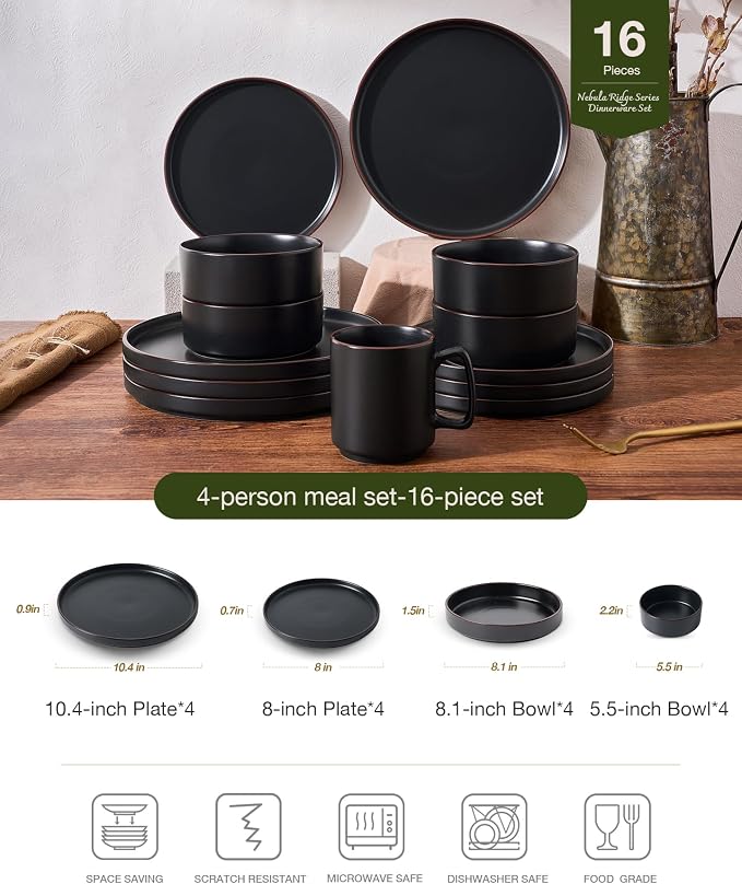 Famiware Nebula Ridge 16-Piece Dinnerware Set with Pasta Bowls, Matte Black | Stoneware Plates and Bowls for 4, Warm Hand-Painted Rims, Microwave and Dishwasher Safe