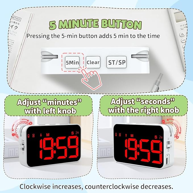PERSUPER Kitchen Digital Timer, Count Down Up, Rechargeable, Vibration Mode | Adjustable Volume and Brightness LED Display, Time Management Cook, Desk, Kids Adults Study Teaching, Kitchen Gadgets Red-1