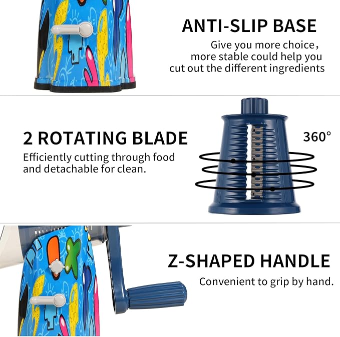 Upgrade Rotary Cheese Grater Shredder with Handle, Strong Suction Base, Multi-purpose Rotary Grater Slicer with 5 Interchangeable Blades for Ice, Vegetables, Fruit, Nuts with Blade Storage Box