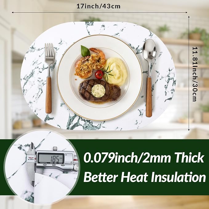 Placemats Set of 4, 11.8 x 17 Inch, Marble | Heat Resistant Oval Faux Leather Place Mats, Waterproof Wipeable Reversible PU Placemat, Indoor & Outdoor