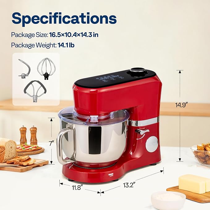 VIVOHOME Stand Mixer with Dough Proofing, 6-Quart Tilt-Head Mixer, Red | One-Touch Programs, Adjustable Temperature & Time, Flex Edge Beater, Dough Hook, Whisk, Stainless Steel Bowl, Splash Guard
