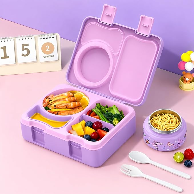 Kids Insulated Lunch Box with 8OZ Thermo Food Jar | Leakproof Bento Box with Ice Pack Sauce Cup Utensils Removable Tray & Dividers for School Daycare Travel, Butterflies