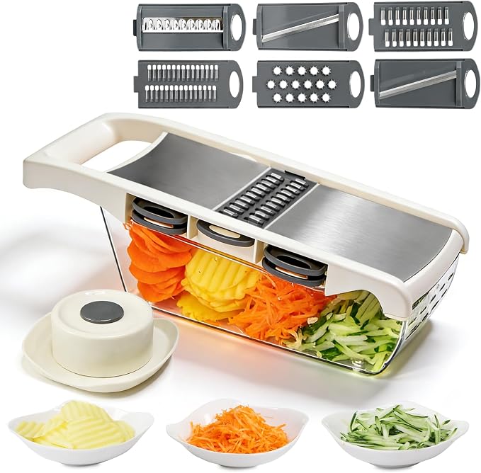 6-in-1 Mandoline Slicer for Kitchen, Multi Blade Veggie Cutter with Drainage Tray, Stainless Steel Blades, BPA-Free, Non-Slip Base & Easy Clean for Meal Prep (stainless steel)