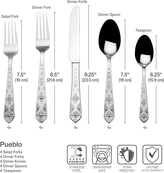 Towle Everyday Pueblo 20-Piece Stainless Steel Flatware Set, Service for 4 (Pack of 3)