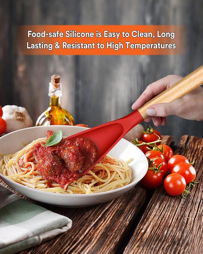 Multifunction Cooking Spoons for Nonstick Cookware,11.4"&13.4", Red | Great for Cooking and Serving, Sturdy BPA-Free Matte Silicone, Wood Handle spoonula for Mixing, Scoop, and Scrape