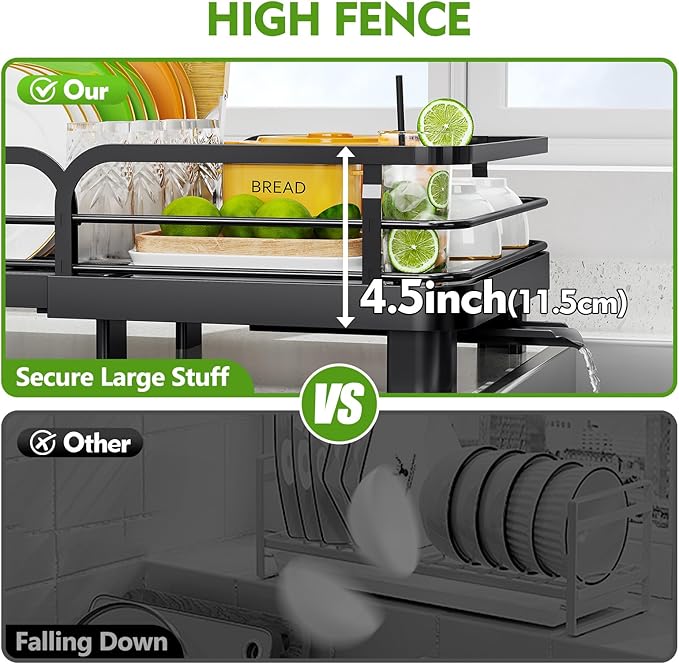 TOOLF Expandable Dish Drying Rack for Kitchen Counter, Black | Stainless Steel Dish Drainer with Drainboard Set & Cutlery Holder, Extendable 13.7“-20.5”L, Rust-Proof, Fits for 1-3 People