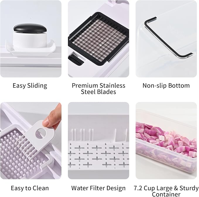 11-in-1 Vegetable Chopper 420 Food-Grade Stainless Steel Blades, 7.2 Cup Container with Colander, BPA & PFAS Free, Dishwasher Safe