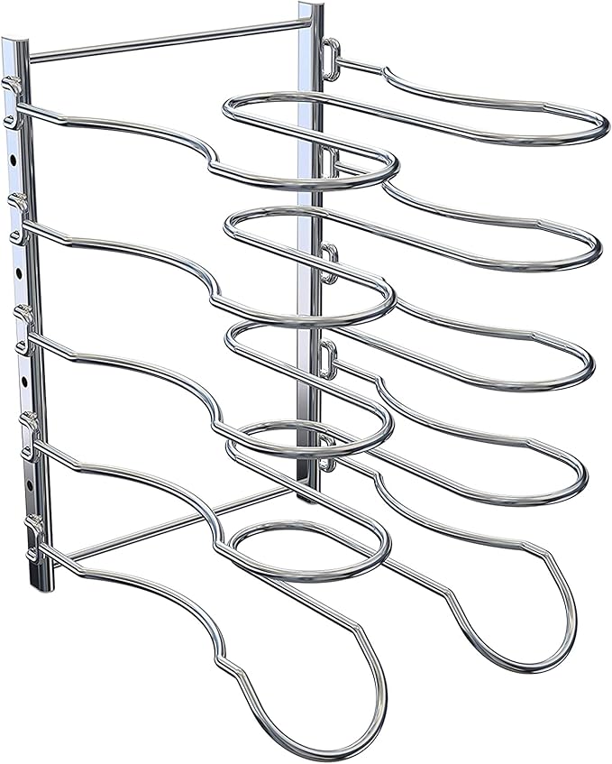 Heavy Duty Pan Rack, Pot Lid Rack, Kitchen Cabinet Pantry Cookware Organizer Rack Holder with 5 Adjustable Dividers, Chrome (Pack of 2)