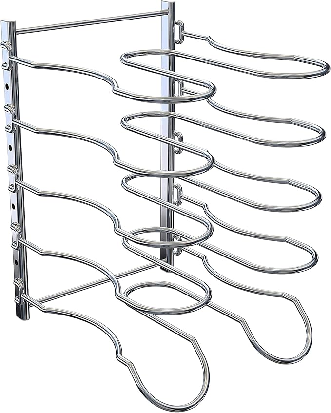Heavy Duty Pan Rack, Pot Lid Rack, Kitchen Cabinet Pantry Cookware Organizer Rack Holder with 5 Adjustable Dividers, Chrome