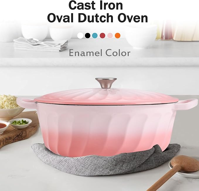 Enameled Dutch Oven Pot with Lid, 7 QT Cast Iron Dutch Oven with Dual Handles, Oval Dutch Oven for Cooking, Bread Baking, Frying, Non-stick Enamel Coated Oven (Gradient Pink)