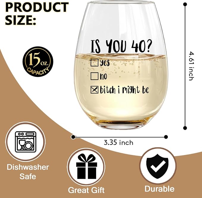 Funny 40th Birthday Gifts for Women Men- 40th Birthday Wine Glass & Wine Bag Gift Ideas for Wife, Husband, Mom, Dad, Sister, Aunt, Coworkers,40Year Party Supplies Decor for Him Her (Clear-40)