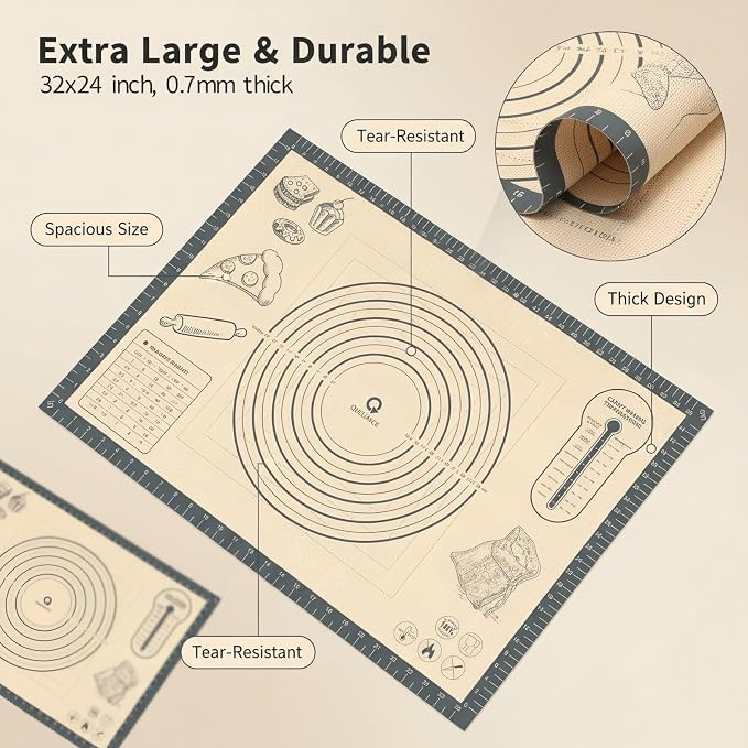 Silicone Baking Pastry Dough Mat - 32x24Inch Extra Large Cookie Bread Rolling Mats Sheet, Nonstick Kitchen Counter Kneading Board Thick Reusable Pie Cookies Pizza Fondant Making Matt Measurement(Gray)
