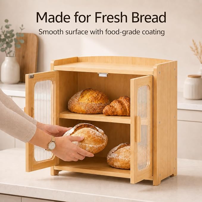 Bread Box for Kitchen Countertop, Large Capacity Wooden Bread Box, Fluted Acrylic Window Farmhouse Bread Storage, 2 Tier Corner Bread Box for Homemade Bread & Sourdough Bread, Natural Bamboo