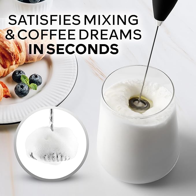 Zulay Kitchen Powerful Milk Frother Wand With Duracell Batteries - Ultra Fast Handheld Drink Mixer - Electric Whisk Foam Maker for Coffee, Lattes, Cappuccino & Matcha - Z1 Motor - Black