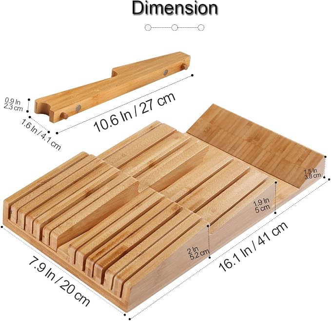 NIUXX Bamboo In-Drawer Knife Block Set for 12 Knives(Not Included) | Large Kitchen Detachable Washable Cutlery Slot Organizer Storage Holder for Sharpening Steel and Cutter