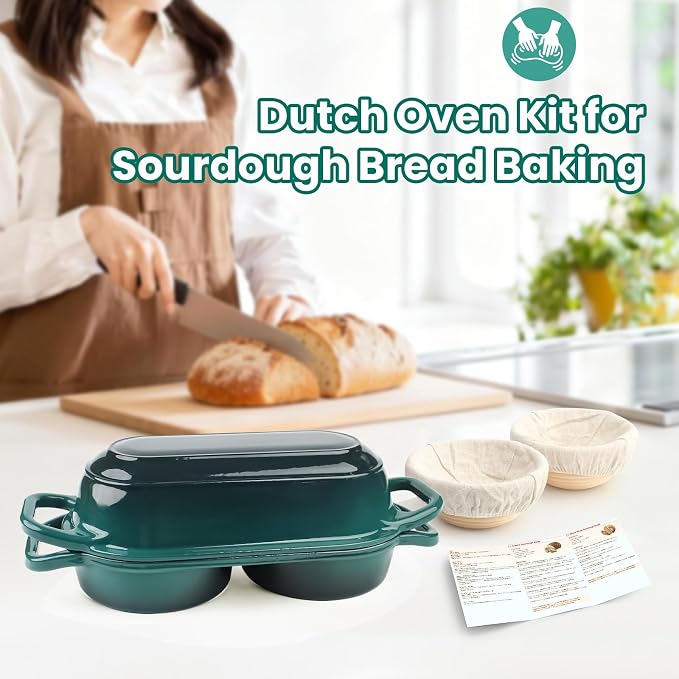 YONILL Mini Double Dutch Oven with Lid for Sourdough Bread Baking | Enameled Cast Iron Pot with Lid, 5" Banneton Bread Proofing Basket Include, Dual Round Bread Loaf Pan for Homemade Baking