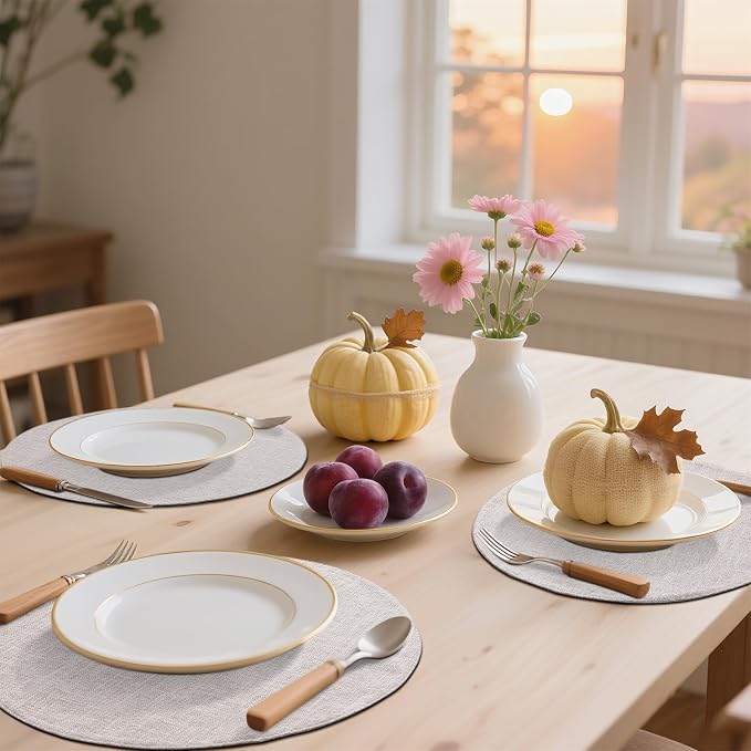 Cotton Linen 15 Inch Round Cloth Place mats, Set of 6, Beige | Washable Table Mats, Heat Resistant, Reversible, Wipeable Place Mats for Indoor Outdoor