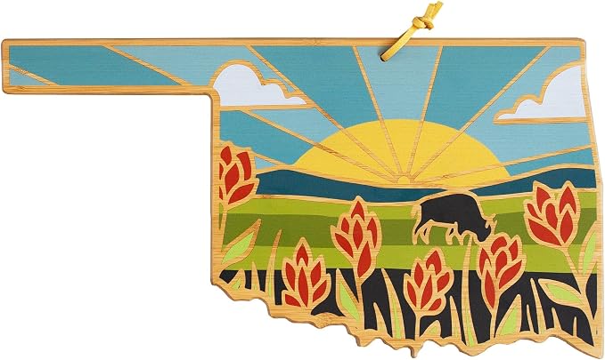 Totally Bamboo Oklahoma State Shaped Cutting Board, Summer Stokes Art | State charcuterie board with colorful hand-drawn landscape art. Smooth reverse side for food prep. Hang tie for wall display.